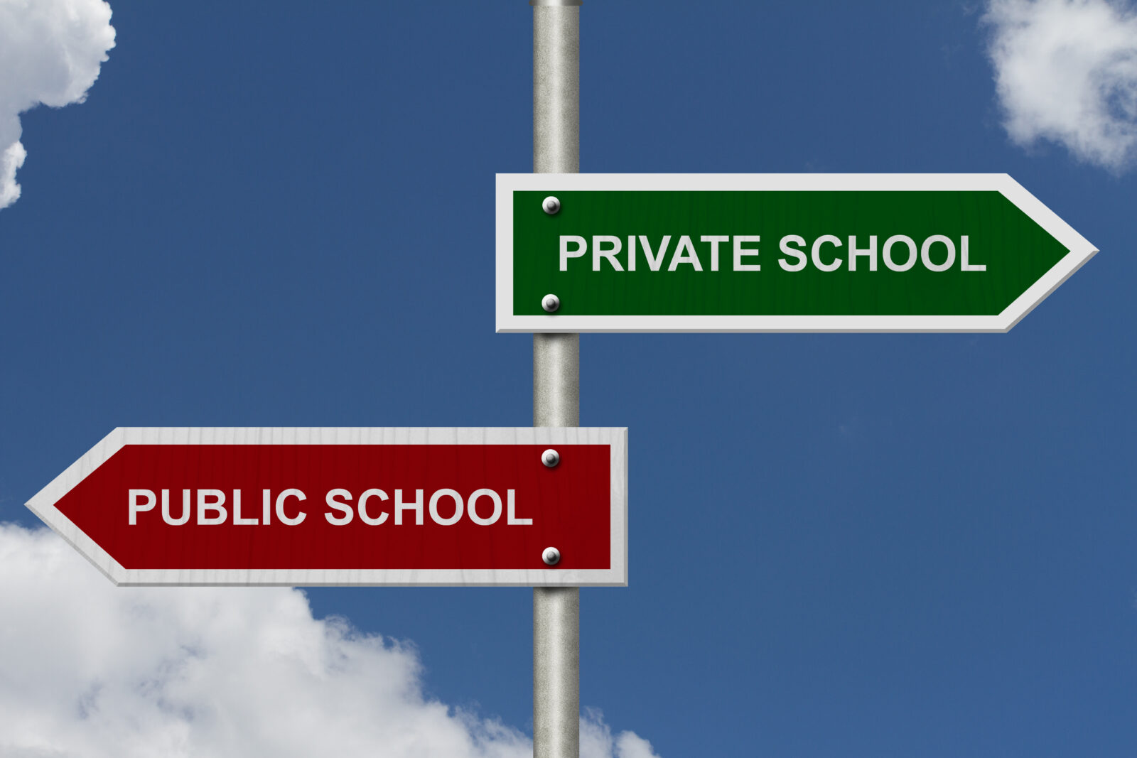 Sign with Public school pointing left, and Private school pointing right.