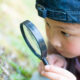 Little girl looking at flower with magnifying glass