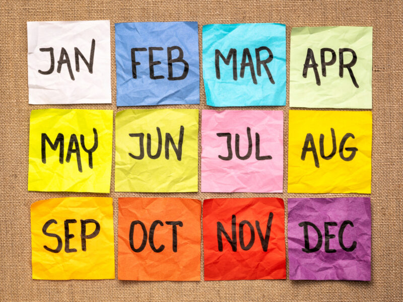 Colored sticky notes with months written on them